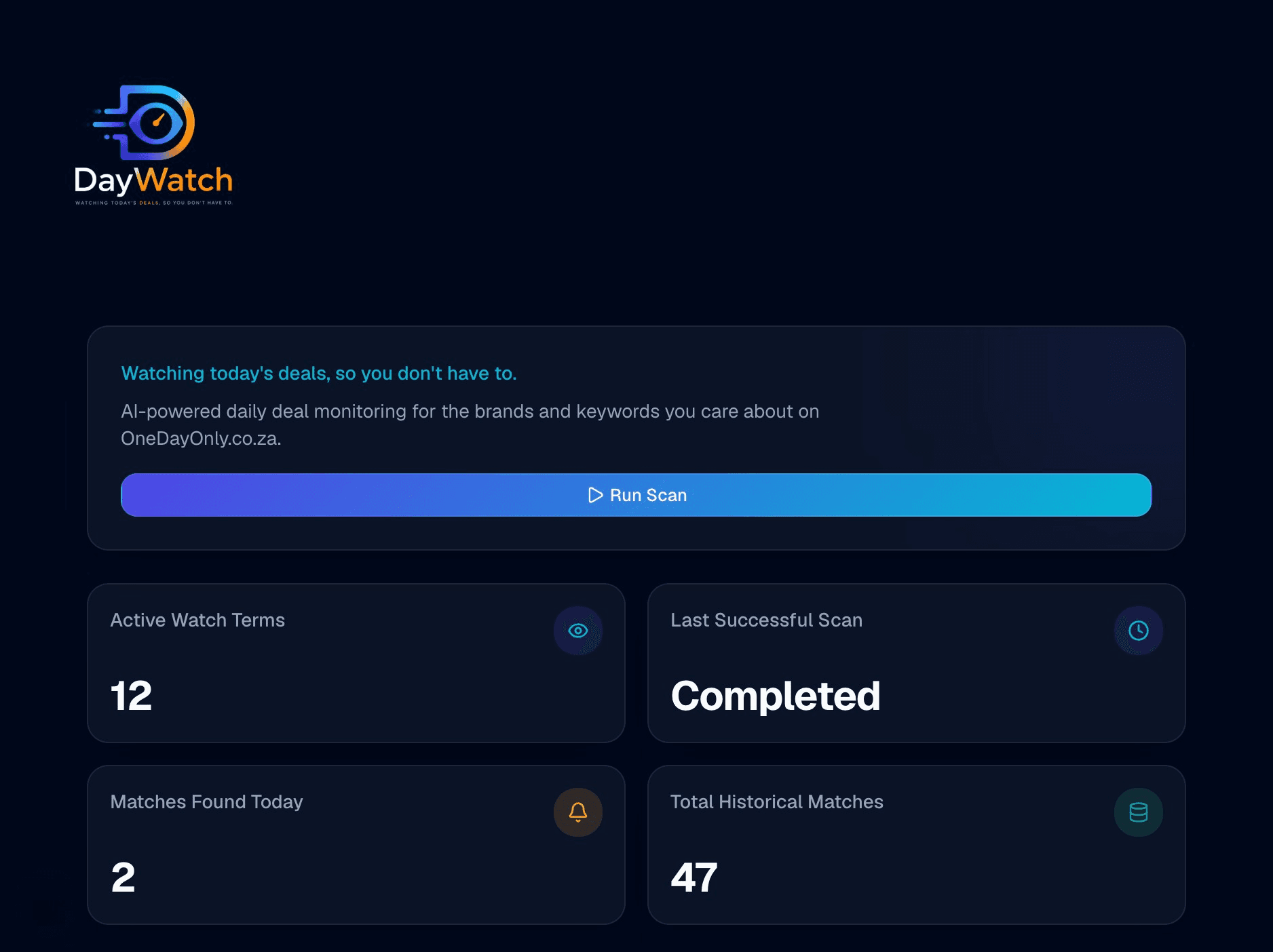 DayWatch dashboard showing watch terms, scan metrics, and today's deal matches