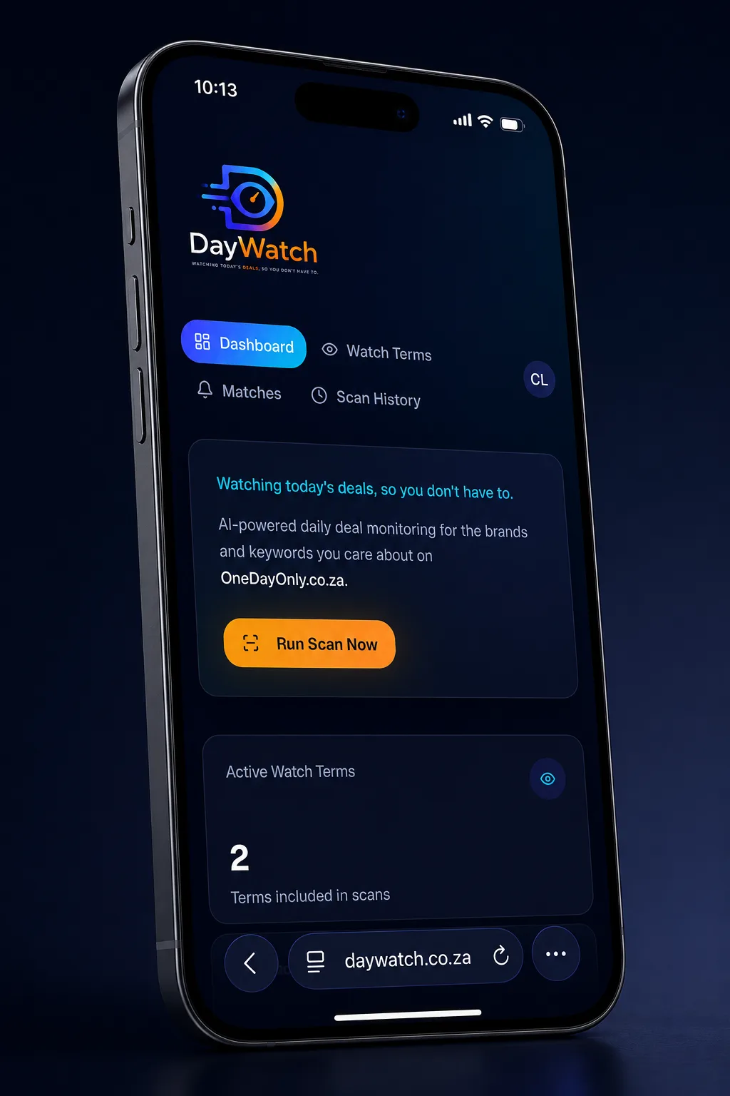 DayWatch homepage with mobile dashboard preview
